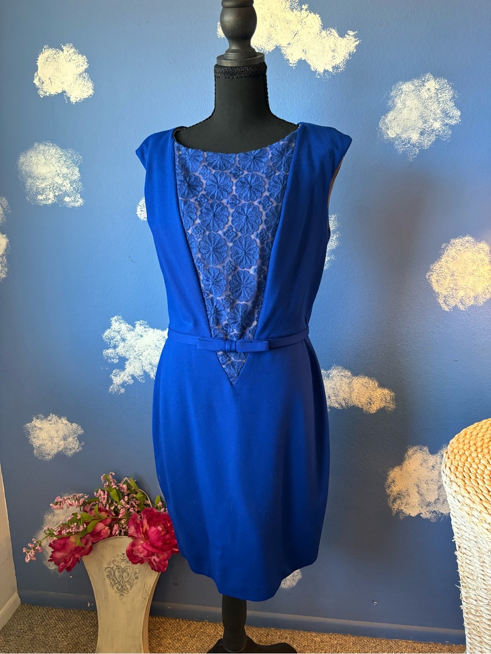 Taylor Cobalt Blue Lace-Panel Sheath Dress, Size 10, Excellent Condition